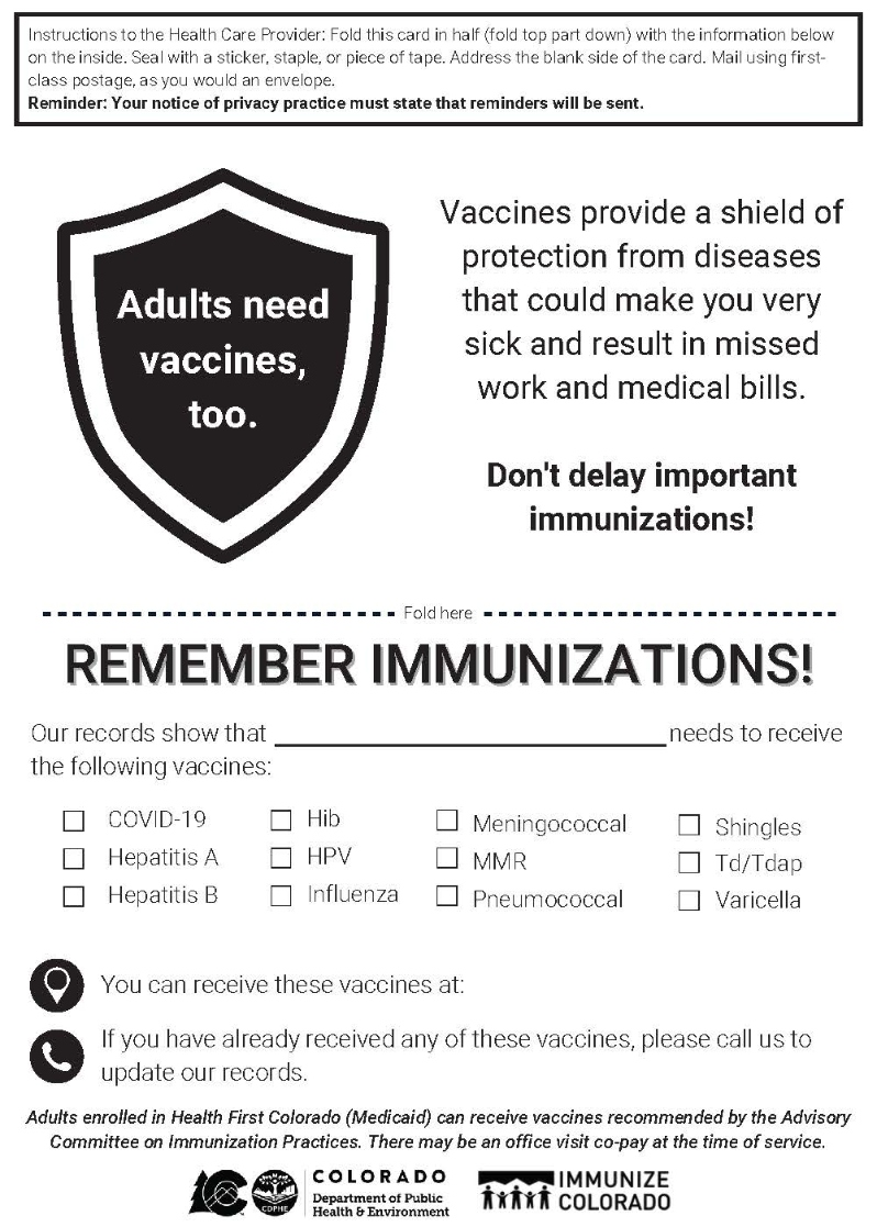 Adult Vaccine Reminder Card (English)